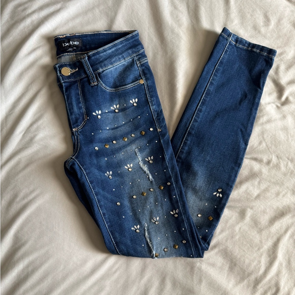 Bebe Rhinestone Distressed Skinny Jeans